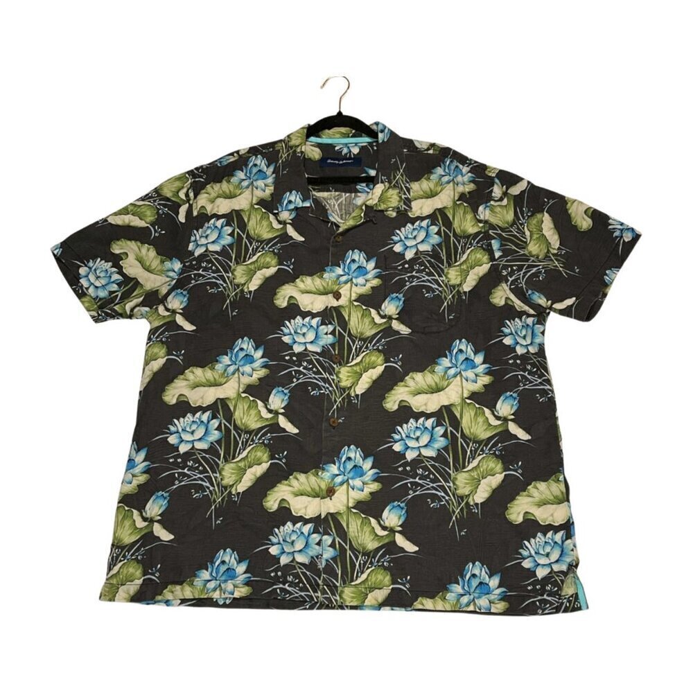 Tommy Bahama Island Zone Men XXL Silk Blend Tropical Floral Shirt Muted Black